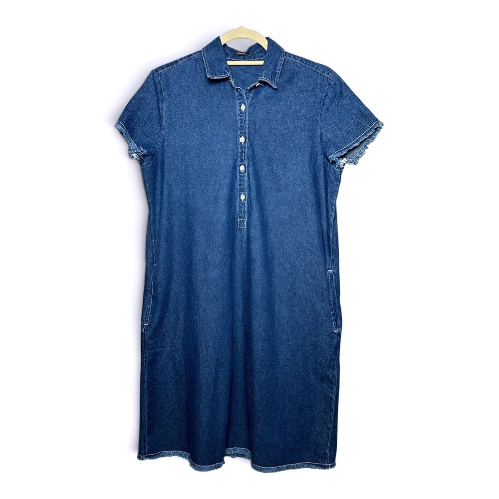 J. McLaughlin Jones Denim Shift Dress Blue Cotton Frayed Hem Short Sleeve Small - Picture 2 of 6
